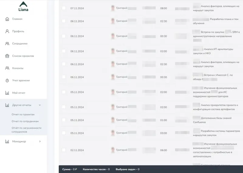 Наша система учета времени по проектам Liana